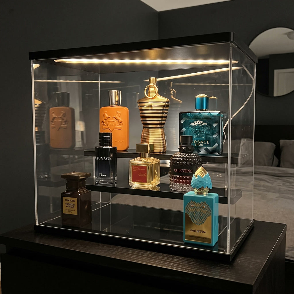 Scent Vault glowing on a dresser in a bedroom at night
