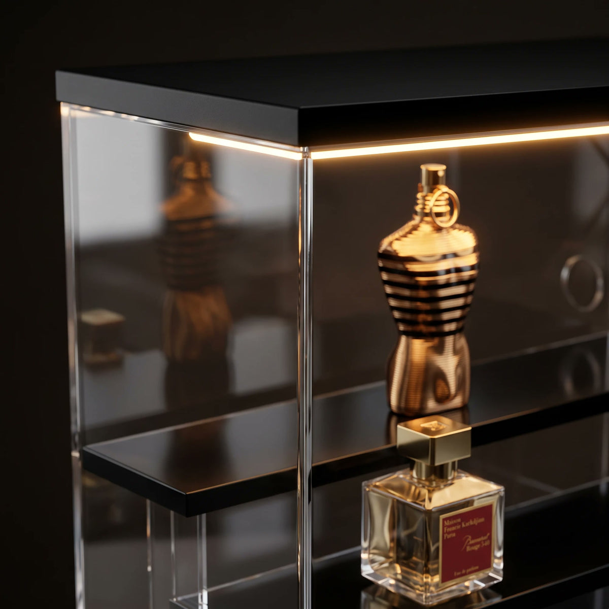 Close-up of the Scent Vault LED strip and clear acrylic