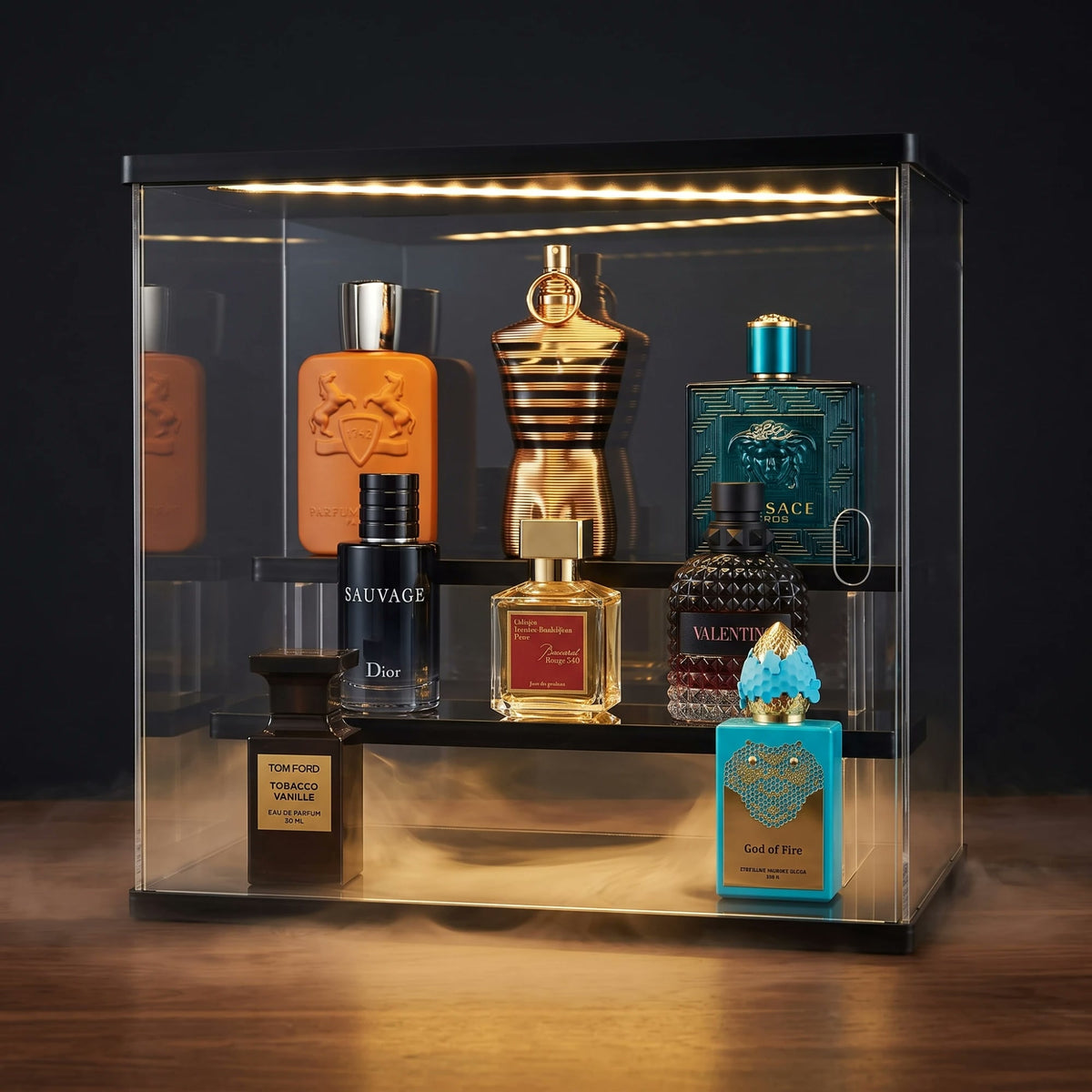 Scent Vault LED fragrance display case filled with 8 perfume bottles
